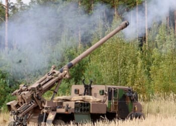 A howitzer blows off steam after firing in a field on September 16, 2026.