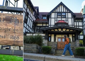 The Chi Phi fraternity house at the center of a rape allegation stands on the campus of Cornell University in Ithaca, New York. The university is facing backlash for its handling of a sexual assault case where a student alleged she was gang-raped inside the fraternity house in 2024.