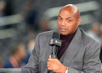 TNT college basketball analyst Charles Barkley on air before the National Championship of the 2026 NCAA Men's Basketball Tournament between the Michigan Wolverines and the Connecticut Huskies at Lucas Oil Stadium on April 6, 2026, in Indianapolis, Indiana.