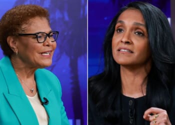 Nithya Raman, right, was evidently flustered by her debate Tuesday with incumbent Mayor Karen Bass.