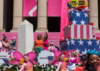 President General of Daughters of the American Revolution Ginnie Sebastian Storage and Anastacia McCleskey are seen on Artwork Float during the 2026 National Cherry Blossom Festival Parade on April 11, 2026, in Washington, D.C.