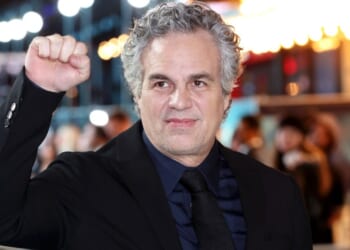 Actor Mark Ruffalo raises his fist at a UK gala screening on Jan. 28, 2026 in London, England.