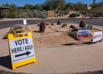 Voting center signage is seen outside Indian Bend Visitor Center in Scottsdale, Arizona, on Oct. 7, 2026.