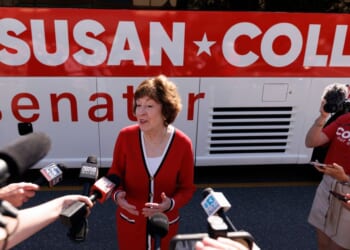 Sen. Susan Collins speaks with the news media outside the Kittery Trading Post, the first stop of a weekend re-election campaign bus tour of the state of Maine, on Aug. 14, 2026, in Kittery, Maine.