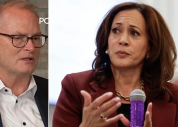 Kansas Democratic Senate candidate Adam Hamilton, left, said he's not interested in having former Vice President Kamala Harris campaign for him.
