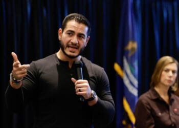 Democrat Senate candidate Abdul El-Sayed speaks while attending a town hall campaign event with Sen. Elissa Slotkin in Warren, Michigan, on Oct. 3, 2026.