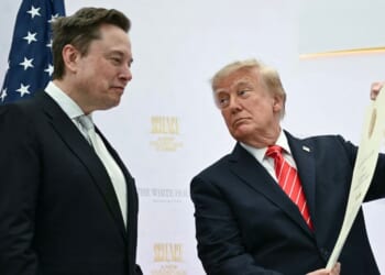 President Donald Trump presents the National Medal of Science to Elon Musk during the "Golden Age of American Innovation Summit" at the Institute of Peace in Washington, D.C., on Oct. 8, 2026.