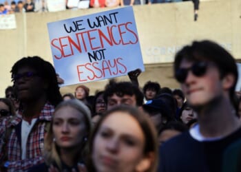 Hundreds of Cornell students participate in a rally against the university’s actions after a student was sexually assaulted at a campus fraternity in 2024, on Oct. 5, 2026, in Ithaca, New York.