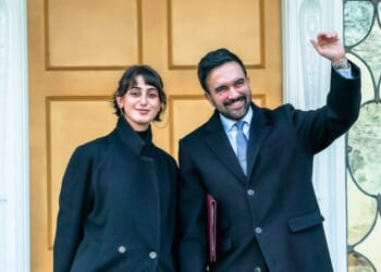 New York City Mayor Zohran Mamdani and his wife, Rama Duwaji, pose for photos after a press conference during moving day at Gracie Mansion on Jan. 12, 2026, in New York City.