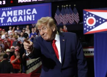 President Donald Trump greets supporters during an election rally at the Covelli Centre on Oct. 12, 2026, in Youngstown, Ohio.