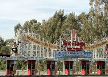 The Six Flags Magic Mountain logo sign Marquee in Los Angeles on May 29, 2015.