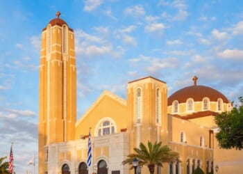 A photo of St. Nicholas Greek Orthodox Church in downtown Tarpon Springs, Florida.