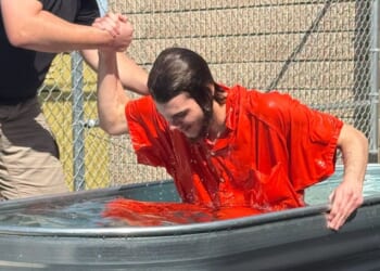 An inmate is baptized in Missouri, as shared by the Howell County Sheriff's Office in a Facebook post dated Sept. 29, 2026.
