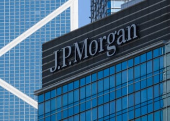 The JPMorgan logo is pictured on the side of their headquarters in New York on July 24, 2026.