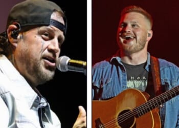 Country music star Jelly Roll, left, performs onstage during a Country Music Hall of Fame and Museum benfit in Los Angeles. Right: Country star Zach Bryan pictured at a concert in Louisville, Kentucky, in April.