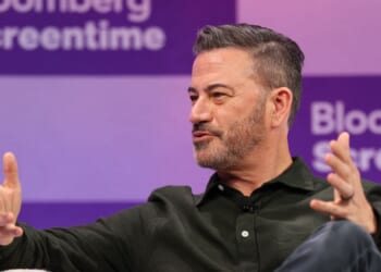 Jimmy Kimmel speaks during the Bloomberg Screentime conference in Los Angeles on Oct. 8, 2025.