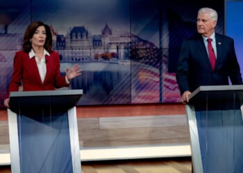 New York Gov. Kathy Hochul and Republican gubernatorial candidate Bruce Blakeman face off in the only scheduled debate ahead of the New York gubernatorial election at the Spectrum News NY1 studios on Oct. 13, 2026, in New York City.