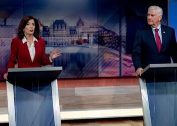 New York Gov. Kathy Hochul and Republican gubernatorial candidate Bruce Blakeman face off in the only scheduled debate ahead of the New York gubernatorial election at the Spectrum News NY1 studios on Oct. 13, 2026, in New York City.
