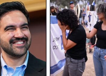 A grinning New York City Mayor Zohran Mamdani, left; grieving Israelis in a 2024 file photo, right.