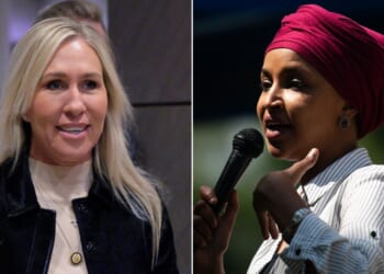Former Georgia GOP Rep. Marjorie Taylor Greene, left, is now speaking out in defense of her former rival, Minnesota Democratic Rep. Ilhan Omar.