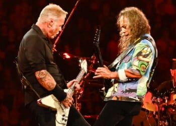 James Hetfield of Metallica, left, pictured jamming with lead guitarist Kirk Hammett in an August 2024 performance at Gillette Stadium in Foxborough, Massachusetts.