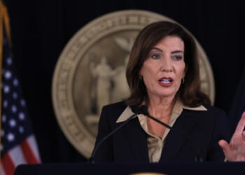 New York Gov. Kathy Hochul speaks at a news conference in Manhattan, where the governor announced a review of Cornell University’s initial response to allegations from a former student about being raped at a campus fraternity in 2024 on Oct. 2, 2026, in New York City.