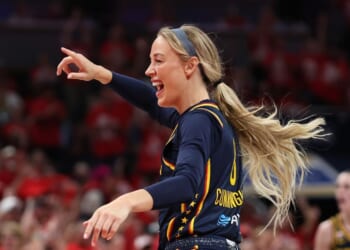 Sophie Cunningham of the Indiana Fever celebrates in the 99-89 win over the Las Vegas Aces during game two of the first round of the WNBA Playoffs at Gainbridge Fieldhouse on Sept. 29, 2026, in Indianapolis, Indiana.