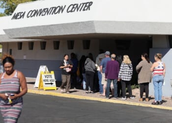 Voters lines up outside of the Mesa Convention Center polling place on Nov. 5, 2024, in Mesa, Arizona.