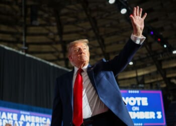 President Donald Trump waves as he leaves the stage after speaking during a campaign rally at the Freeman Coliseum on Oct. 7, 2026, in San Antonio, Texas.