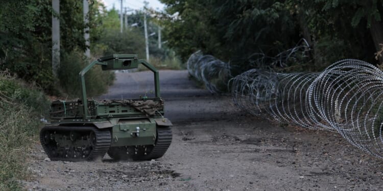 A ground robotic system drives along a road, delivering supplies on Sept. 4, 2026, in Druzhkivka, Donetsk Oblast, Ukraine.