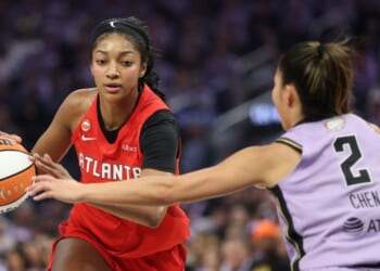 Angel Reese of the Atlanta Dream dribbles against Kaitlyn Chen of the Golden State Valkyries during the second quarter in game two of the WNBA Finals at Chase Center on Oct. 19, 2026, in San Francisco, California.
