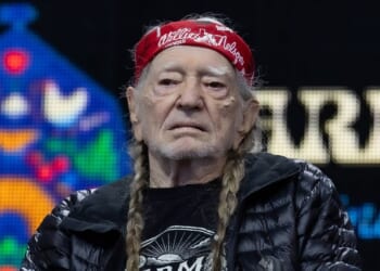 Willie Nelson sits on stage during a press conference in Virginia Beach, Virginia on Sept. 26, 2026.