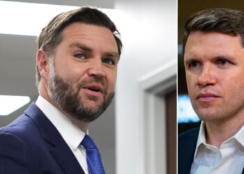 Vice President JD Vance said James Talarico, right, the Democratic candidate in the Texas Senate race, has "a weird focus on transgender kids and drag queens."
