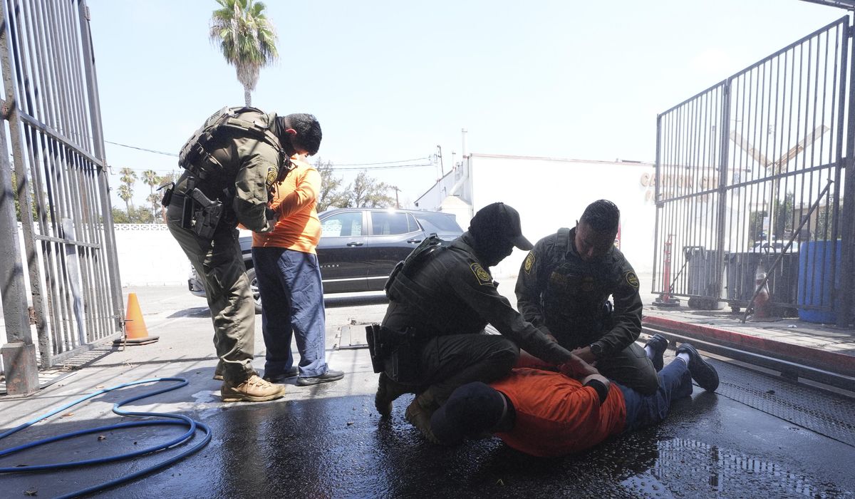 Photos of border patrol arresting a woman selling food and workers at an LA car wash