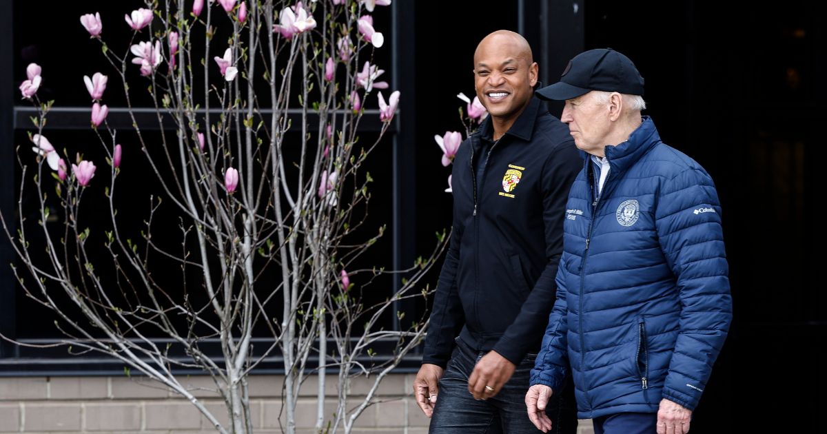 President Joe Biden arrives with Maryland Gov. Wes Moore to the Maryland Transportation Authority Police Headquarters, near the site of the collapsed Francis Scott Key Bridge, on April 5, 2024, in Baltimore, Maryland.
