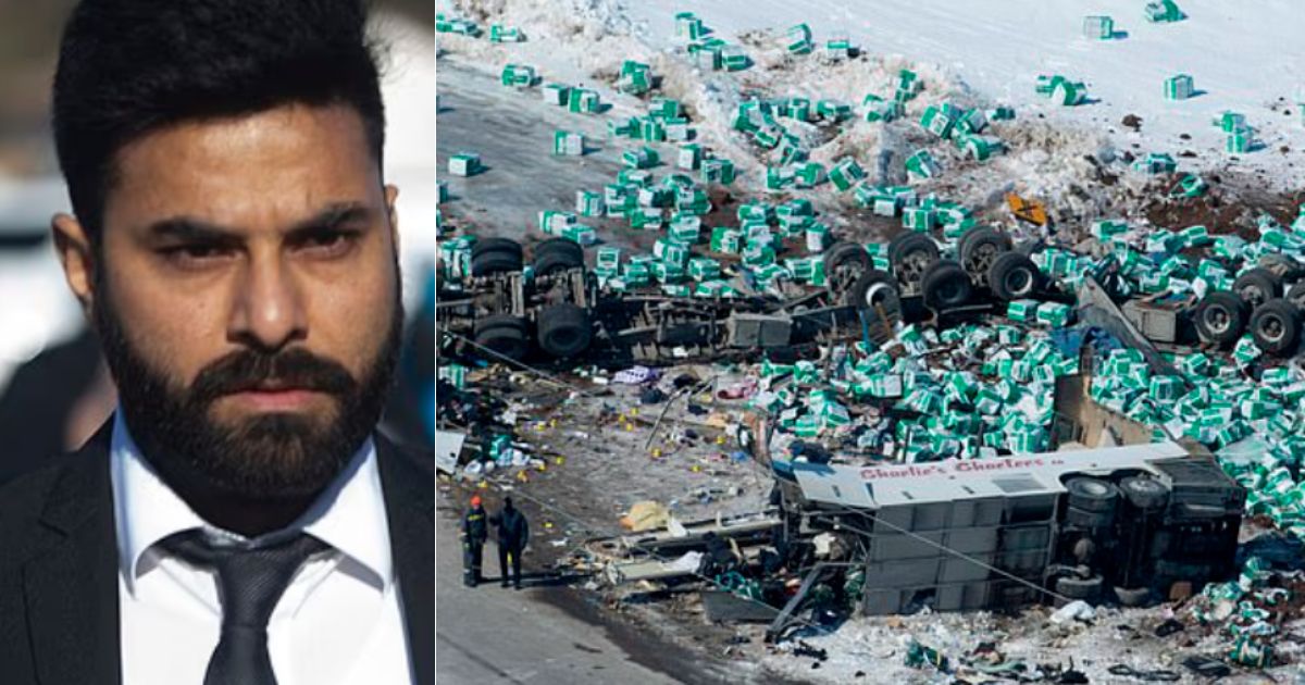 Jaskirat Singh Sidhu, left, who caused a fatal bus crash in 2018, right, served only four years of an eight-year sentence and is now trying to stop his deportation.