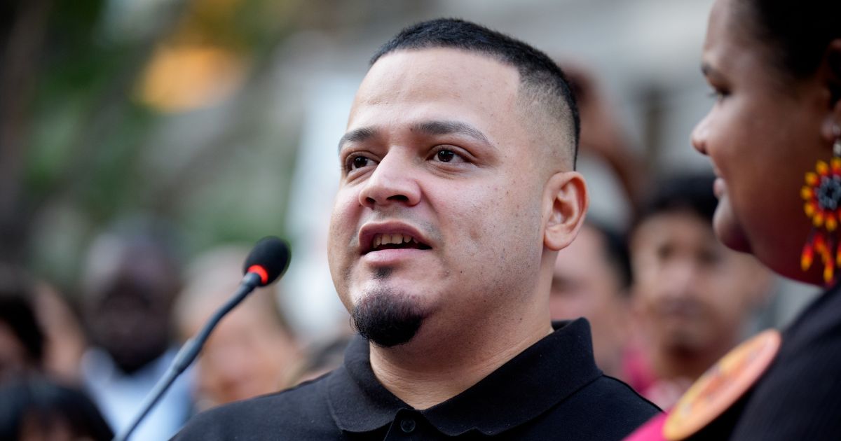 Kilmar Abrego Garcia speaks during a rally for him before he enters a U.S. Immigration and Customs Enforcement field office in Baltimore, Maryland, on Monday.