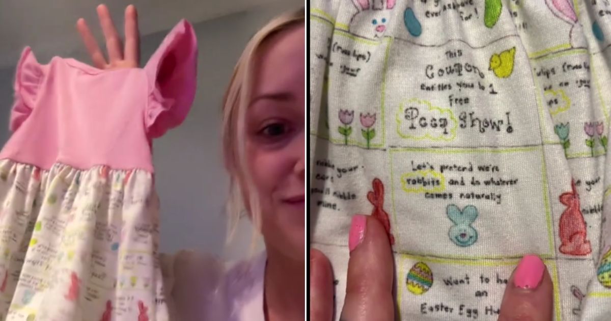 "Read the fine print," the mom advised after taking a closer look at the tiny slogans printed on the fabric of her little girl's Easter dress.