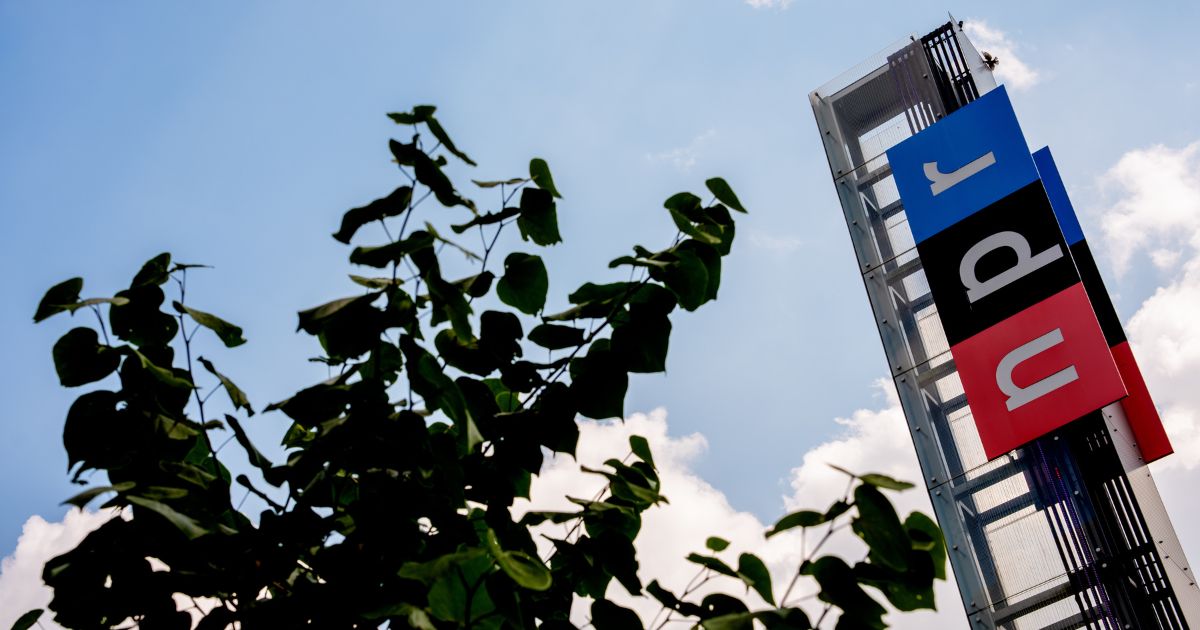 View of the sign outside National Public Radio headquarters on July 22, 2025, in Washington, D.C.