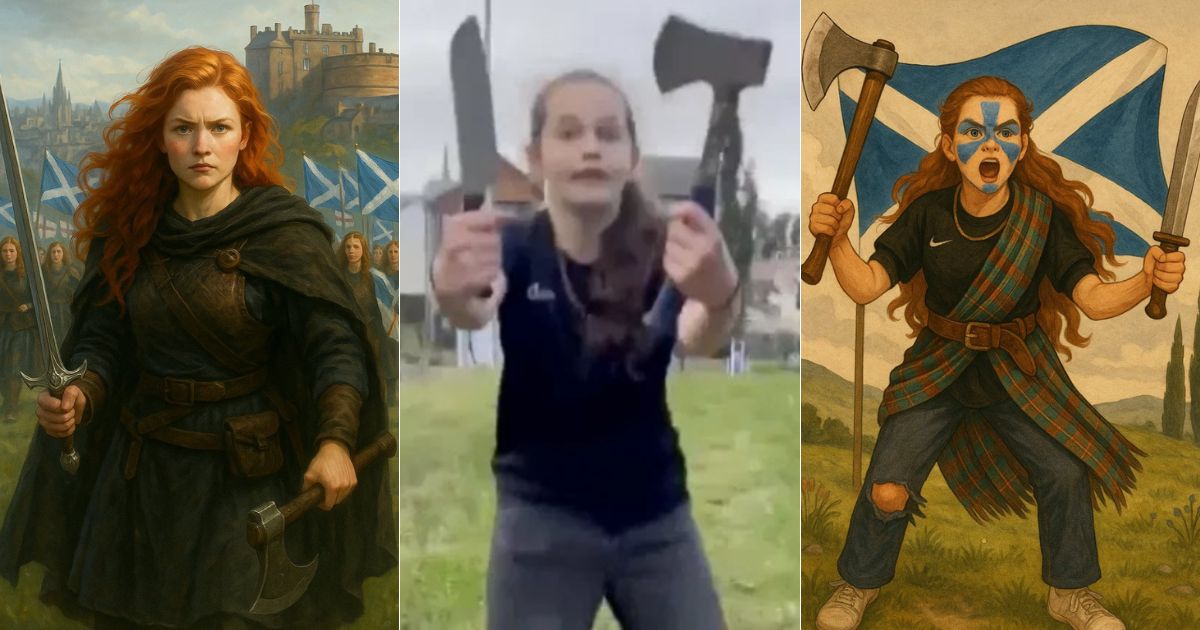 On Saturday, Mayah Sommers, center, defended her sister from a two migrant men in Scotland with an axe and a knife and quickly became an internet sensation, with many generating AI images and memes in her honor, left and right.