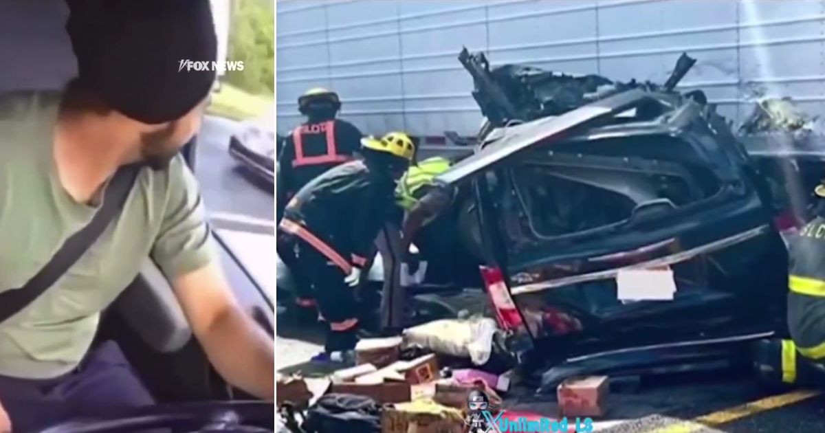 A truck driver identified as Harjinder Singh, left, turns left in front of traffic, but a black minivan, right, was unable to stop and smashed into the trailer.