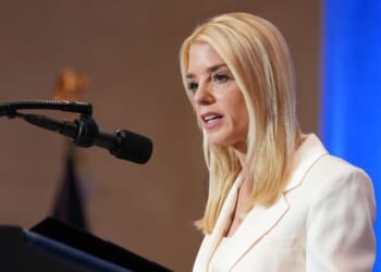 U.S. Attorney General Pam Bondi speaks at the Justice Department on March 14, 2025 in Washington, DC.