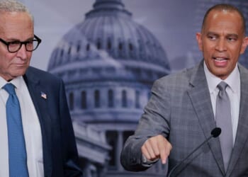 Senate Minority Leader Charles Schumer, left, and House Minority Leader Hakeem Jeffries, both New York Democrats, talk to reporters at the U.S. Capitol Monday in Washington, D.C.