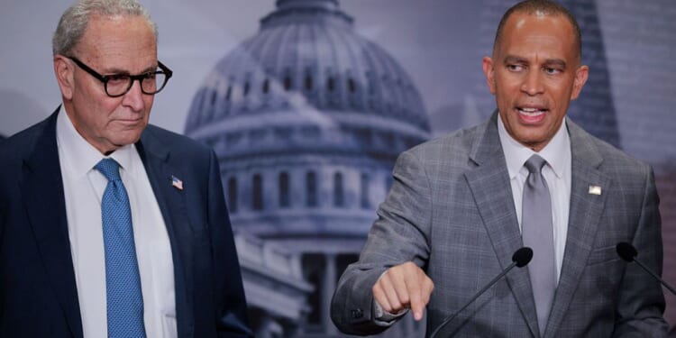 Senate Minority Leader Charles Schumer, left, and House Minority Leader Hakeem Jeffries, both New York Democrats, talk to reporters at the U.S. Capitol Monday in Washington, D.C.