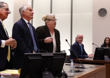 Defense attorneys Richard G. Novak, left, Michael N. Burt, and Kathryn Nester, who are representing Tyler Robinson, the man accused of killing Charlie Kirk at Utah Valley University, appear Monday at a waiver hearing in Utah County Court in Provo, Utah.