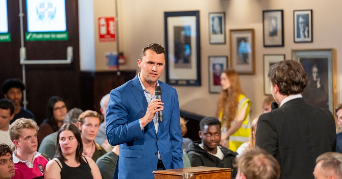 Charlie Kirk debates with students at The Cambridge Union on May 19, 2025, in Cambridge, Cambridgeshire.