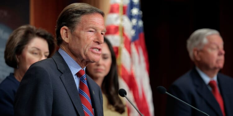 Sen. Richard Blumenthal, a Democrat from Connecticut, speaks during a news conference to discuss legislation designating Russia and Belarus at the U.S. Capitol on Sept. 11, 2025, in Washington, D.C.