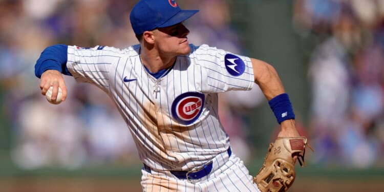 Matt Shaw of the Chicago Cubs makes a throw at third base in a game against the Tampa Bay Rays at Wrigley Field in Chicago, Illinois, on Sept. 14.