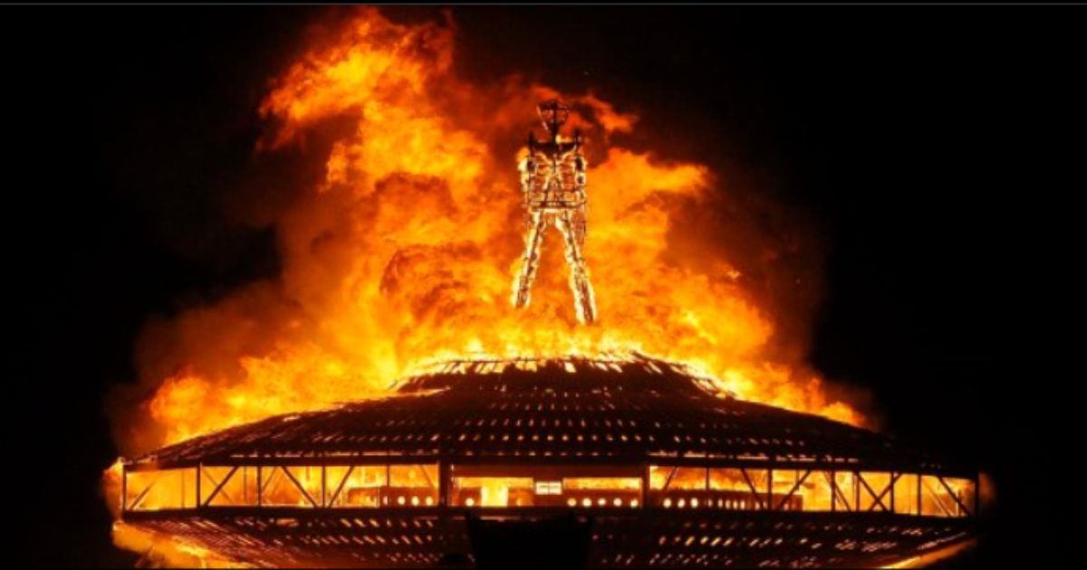 The Burning Man statue is set ablaze on Saturday night in Black Rock Desert in Nevada.