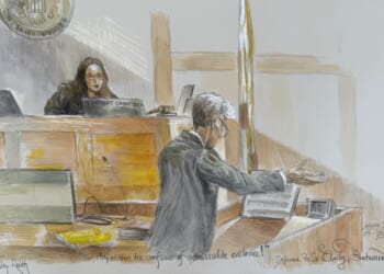 This courtroom sketch shows U.S. District Judge Aileen Cannon listening to Ryan Routh during his trial on charges of attempting to assassinate Donald Trump last year at a golf course in South Florida.